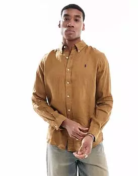 Polo Ralph Lauren - льняная рубашка индивидуального покроя светло-коричневого цвета с логотипом бренда