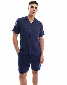 Polo Ralph Lauren - льняная рубашка с короткими рукавами, темно-синего цвета, воротником-лацкан, логотипом бренда и классическим свободным кроем, коорд