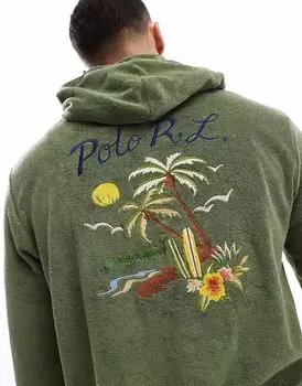 Polo Ralph Lauren - легкая хлопковая махровая толстовка с капюшоном в средне-зеленом цвете с вышивкой на спине