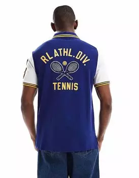 Polo Ralph Lauren, пикейное поло с принтом на спине и значком P-wing, классический свободный крой темно-синего цвета