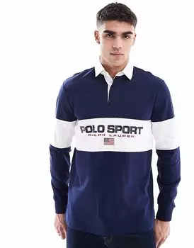 Polo Ralph Lauren Sport capsule flag logo check-panel регбийное поло классического свободного кроя темно-синего цвета