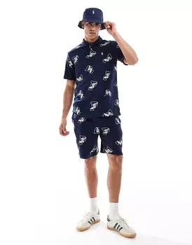 Polo Ralph Lauren – Темно-синие махровые шорты с логотипом по всей поверхности, часть комплекта