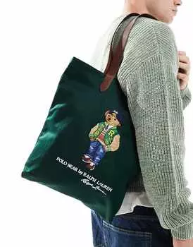 Polo Ralph Lauren – зелено-коричневая сумка-тоут с логотипом плюшевого мишки