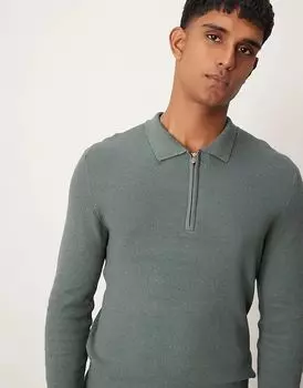 Поло с длинным рукавом и застежкой-молнией 1/4 цвета хаки New Look