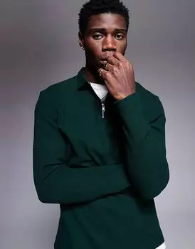 Поло с длинными рукавами и молнией из вафельной ткани темно-зеленого цвета ASOS DESIGN