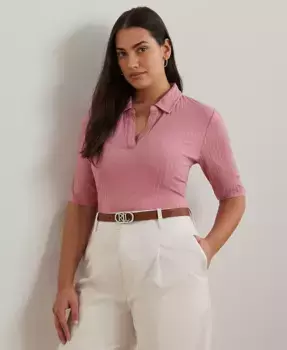 Поло с ребристой вязкой и рукавом 3/4 Plus Size Lauren Ralph Lauren, розовый