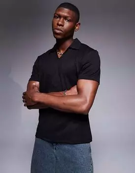 Поло свободного кроя с глубоким вырезом ASOS DESIGN из черной фактурной ткани