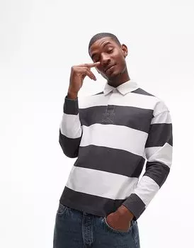 Поло свободного кроя в полоску с тканым воротником в угольно-угольном цвете Topman