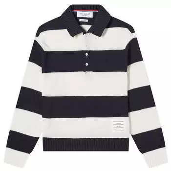 Поло Thom Browne Rugby Stripe Knitted Polo Shirt, темно-синий