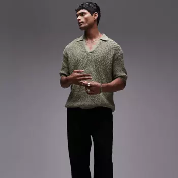 Поло Topman Knitted Cotton Revere, хаки