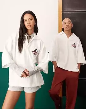 Поло унисекс оверсайз ASOS DESIGN Disney с вышитым принтом Микки Мауса в кремово-белом цвете
