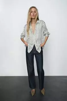 Полосатая атласная рубашка ZARA, экрю/темно-синий