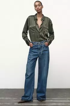 Полосатая атласная рубашка ZARA, темно-зеленый