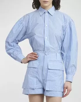 Полосатая блузка с рукавами и рубашкой на пуговицах Plan C, цвет Blue Stripe