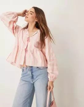 Полосатая блузка с завязками спереди нежно-розового цвета Free People
