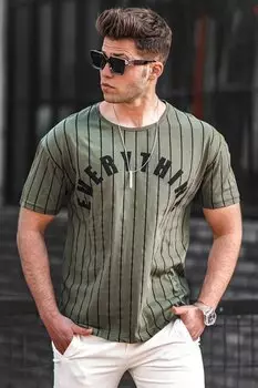 Полосатая футболка цвета хаки с принтом 3007 MADMEXT