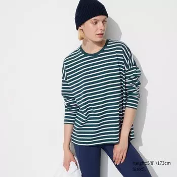 Полосатая футболка оверсайз с длинным рукавом UNIQLO, темно-зеленый