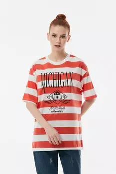 Полосатая футболка оверсайз с текстовым принтом Fullamoda, коралл