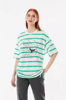 Полосатая футболка оверсайз со сборками по бокам Fullamoda, зеленый