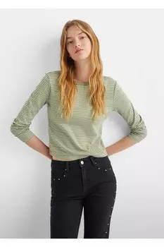 Полосатая футболка с длинным рукавом Mango, зеленый