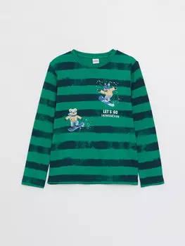 Полосатая футболка с длинными рукавами и круглым вырезом для мальчиков LCW Kids, зеленый принт