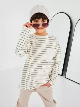 Полосатая футболка с длинными рукавами и круглым вырезом для мальчиков LCW Kids, светло-бежевый с принтом