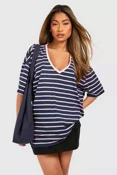 Полосатая футболка с коротким рукавом и V-образным вырезом boohoo, темно-синий