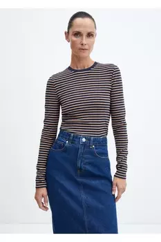 Полосатая футболка с круглым вырезом Mango, коричневый