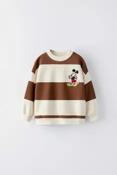 Полосатая футболка с микки маусом disney ZARA, коричневый/экрю