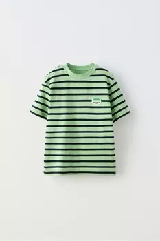 Полосатая футболка с нашивкой ZARA, зеленый