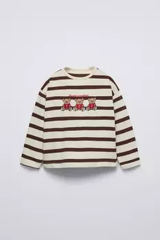 Полосатая футболка с вышитыми медведями ZARA, шоколадно-коричневый