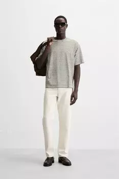 Полосатая футболка ZARA, экрю/зеленый