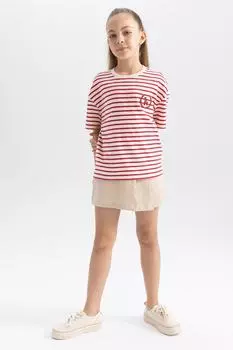 Полосатая хлопковая футболка Defacto, красный