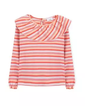 Полосатая хлопковая футболка для девочки с воротником с рюшами KNOT, мультиколор