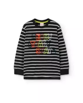 Полосатая хлопковая футболка для мальчика с вышивкой спереди Boboli, черный