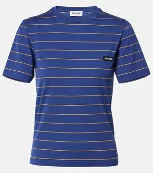 Полосатая хлопковая футболка из джерси Miu Miu, Inchiostro + Topazio