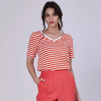 Полосатая хлопковая футболка с v-образным вырезом S&J Weekends, красный