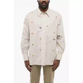 Полосатая хлопковая рубашка с наклейками на фрукты и нагрудным карманом Kenzo, Beige