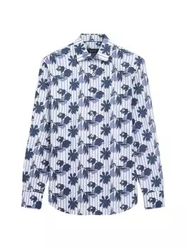 Полосатая классическая рубашка с цветочным принтом Bugatchi, нави