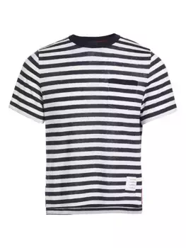 Полосатая льняная футболка с карманами Thom Browne, темно-синий