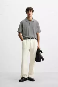 Полосатая льняная / хлопчатобумажная рубашка поло ZARA, цвет Navy/White