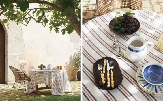 Полосатая льняная хлопковая скатерть Zara Home, синий