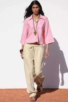 Полосатая льняная рубашка ZARA, цвет Pink/White