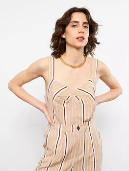 Полосатая льняная Женская блузка без рукавов с воротником-сердечком LCW Casual