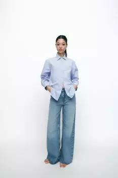 Полосатая поплиновая рубашка с контрастными пуговицами ZARA, светло-синий