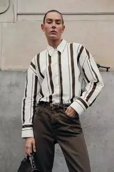 Полосатая поплиновая рубашка ZARA, цвет brown/white