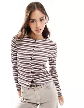 Полосатая пуговица через микрокардиган шоколадного цвета ASOS DESIGN