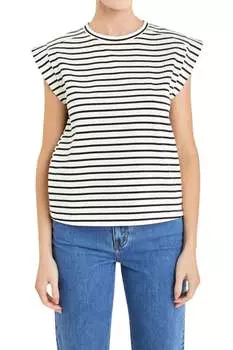 Полосатая ребристая хлопковая футболка без рукавов белого/черного цвета English Factory