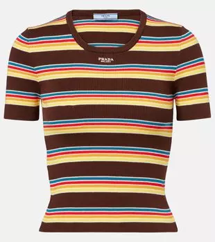 Полосатая ребристая хлопковая футболка Prada, Cacao