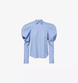 Полосатая рубашка из хлопкового поплина с рукавами-фонариками Sacai, синий